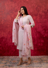 Lavender Cotton Slub Kurta-Pant Set with Lace Work & Floral Print Dupatta-P1319LAVENDER